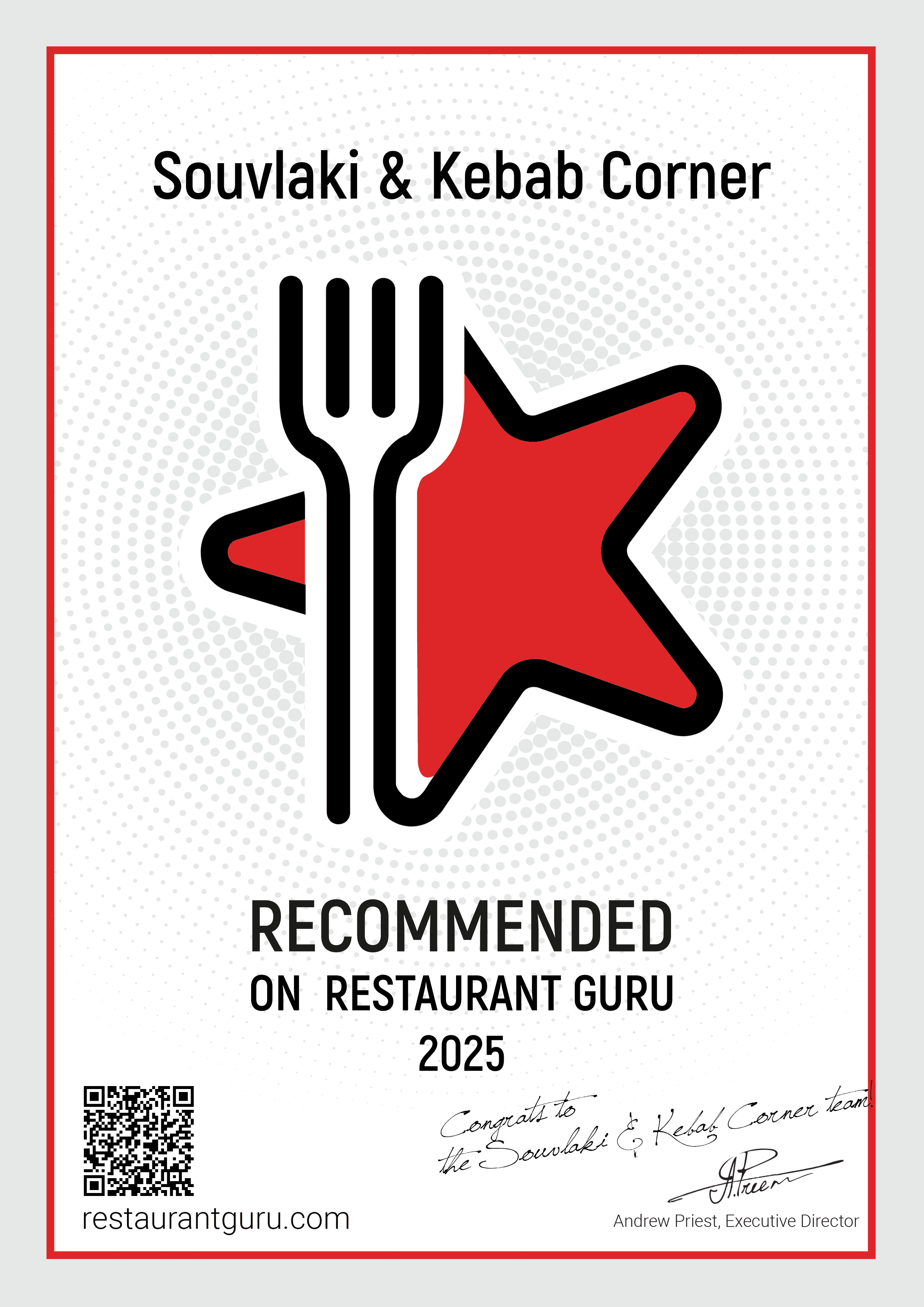 Restaurant Guru recommended certificate for Souvlaki & Kebab Corner, 2025